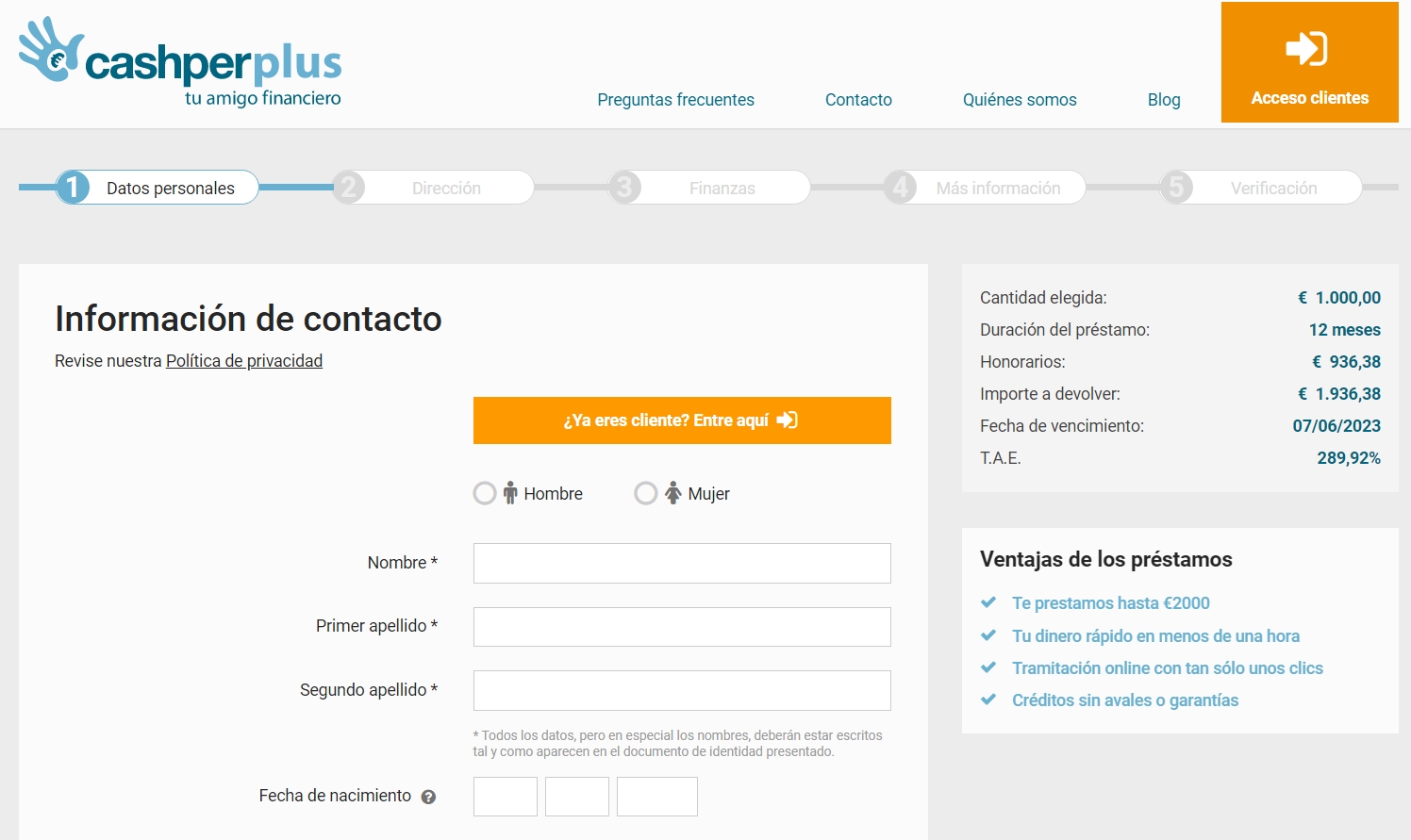 Solicitar un crédito Cashperplus